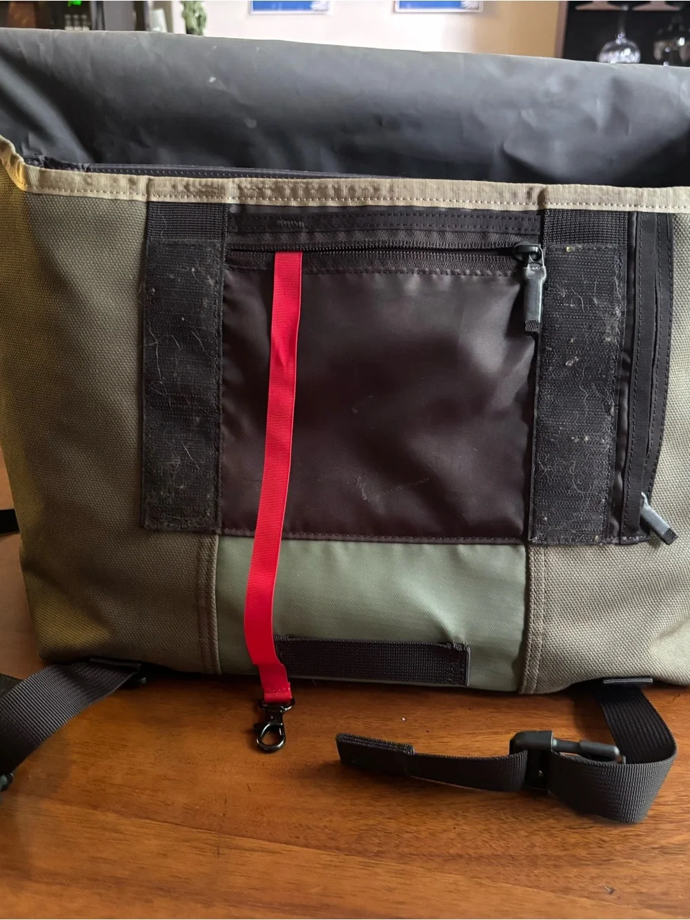Timbuk2 medium Olive and Dark Gray Messenger Bag with Red Accent